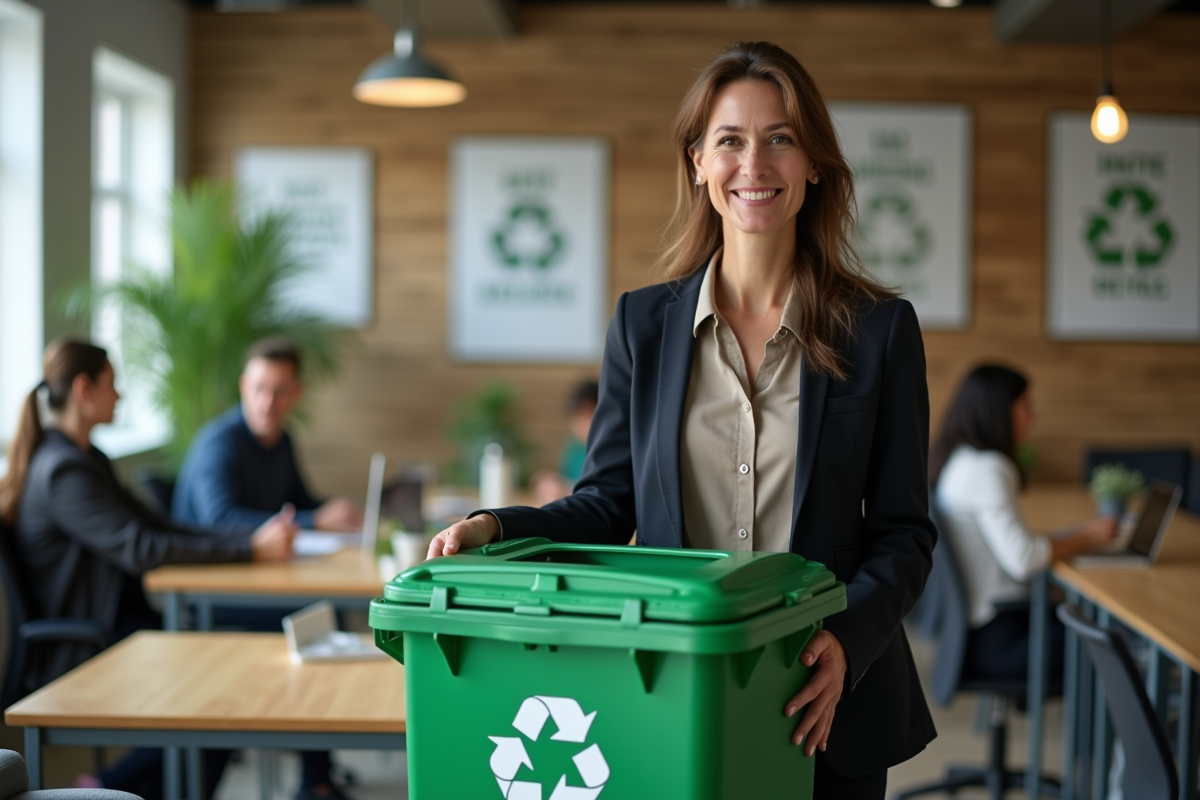 Manager souriante placant une poubelle de recyclage dans un bureau