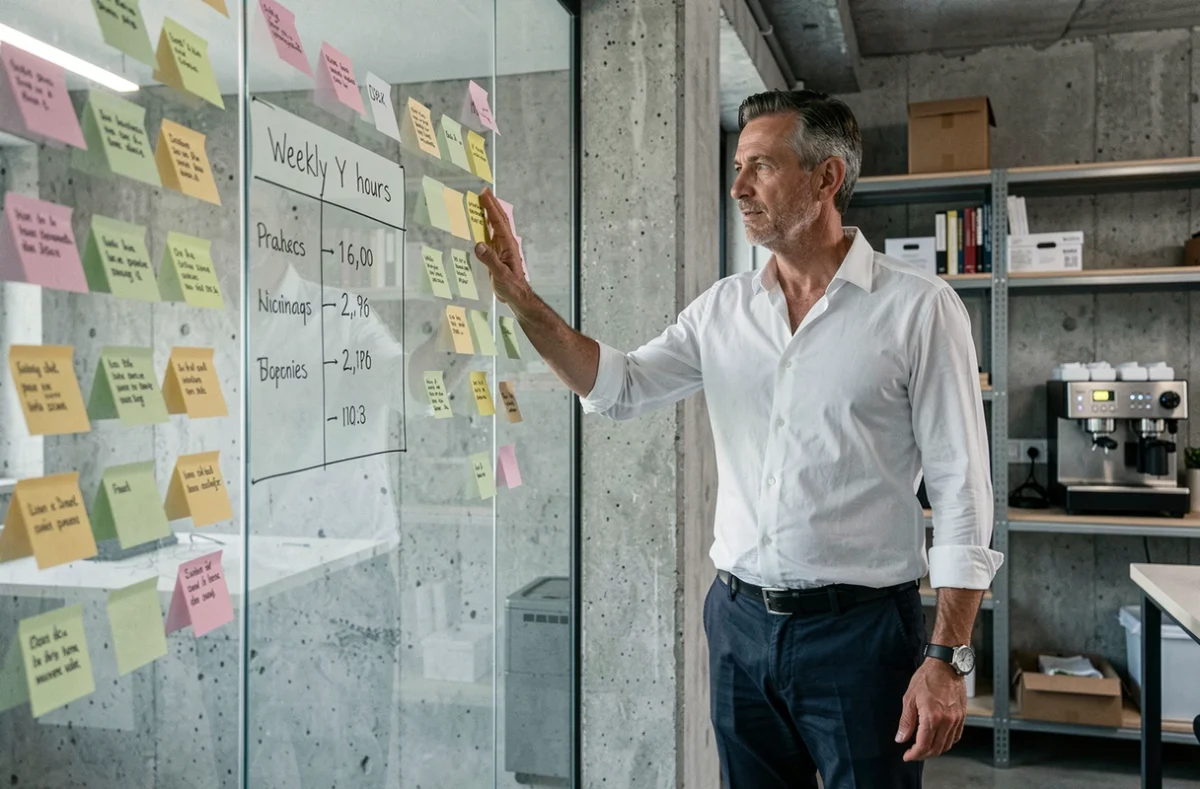Manager analysant un tableau d'heures de travail hebdomadaires affiché sur une paroi vitrée