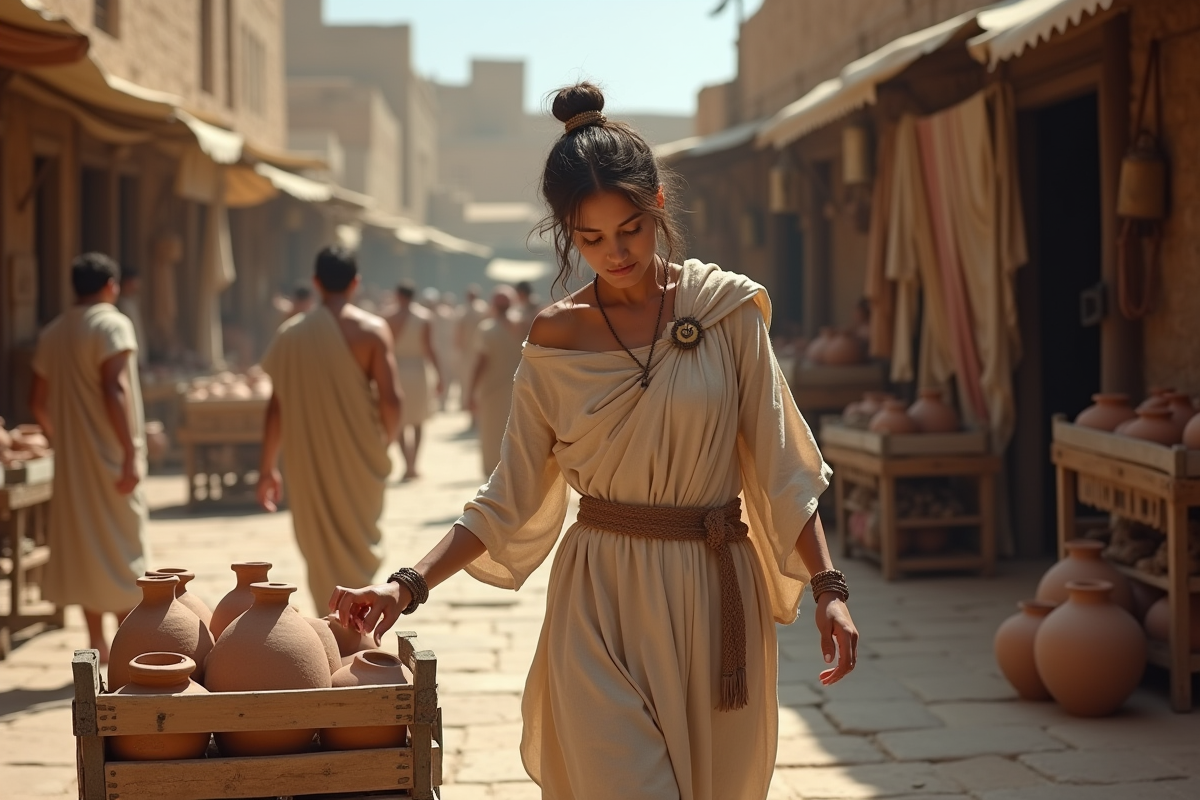Jeune femme organise amphores et tissus dans un marché antique