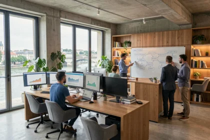 Vue d'ensemble d'un bureau de consultant SEO moderne à Lyon avec écrans affichant des tableaux de bord d'analyse et une vue sur le Rhône