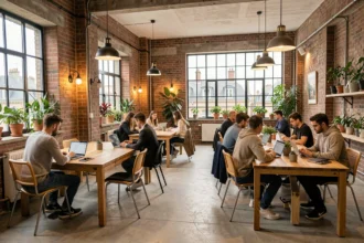 Espace de coworking moderne en Loire-Atlantique avec des professionnels travaillant dans un environnement collaboratif et industriel