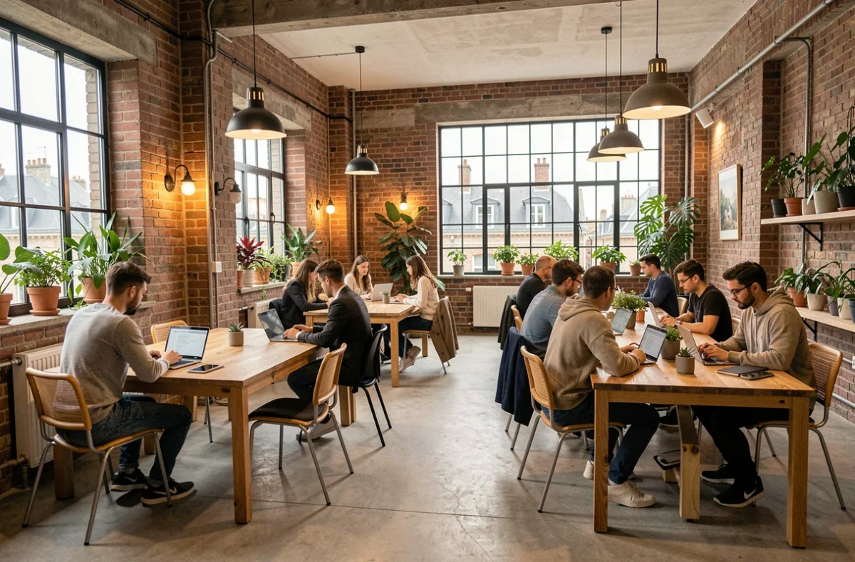 Espace de coworking moderne en Loire-Atlantique avec des professionnels travaillant dans un environnement collaboratif et industriel