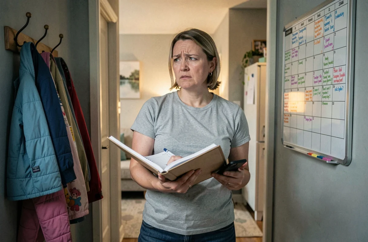 Mère de famille gérant l'organisation du foyer avec un agenda et un téléphone dans un couloir familial, illustrant la difficulté des horaires 5x8