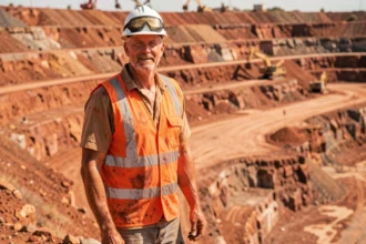 Mineur australien en tenue de sécurité debout au bord d'une mine à ciel ouvert dans l'outback australien