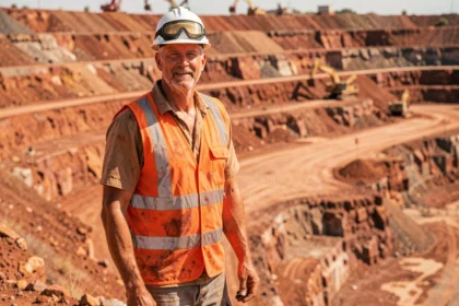 Mineur australien en tenue de sécurité debout au bord d'une mine à ciel ouvert dans l'outback australien