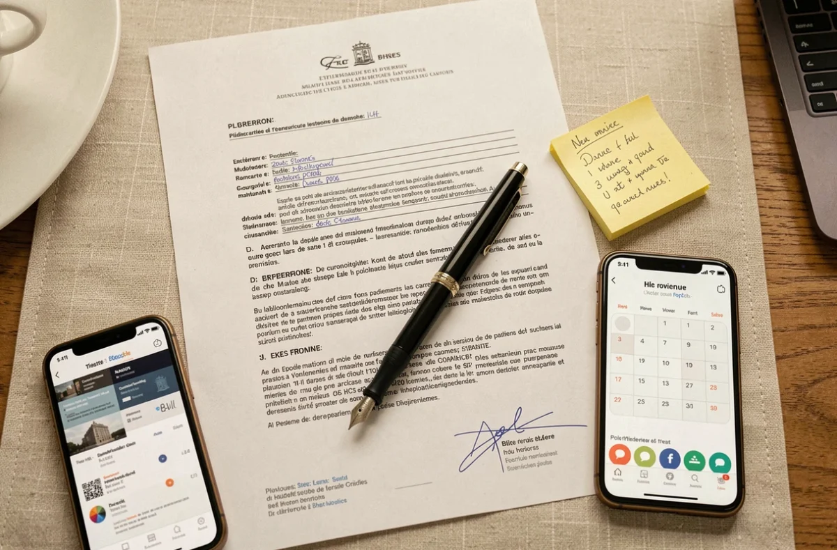 Vue de dessus d'un modèle de rupture conventionnelle posé sur un bureau avec stylo et annotations manuscrites