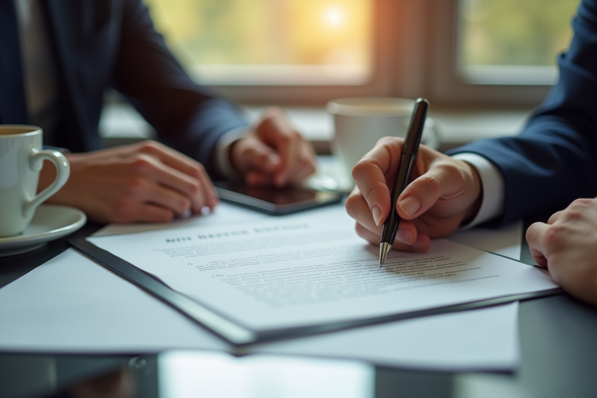 Mains passant un stylo sur un contrat lors d