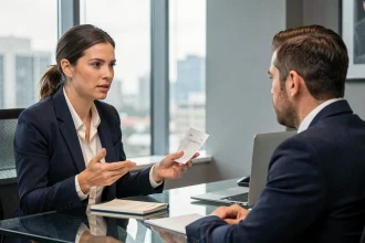 Femme négociant son salaire avec assurance face à un recruteur dans un bureau moderne