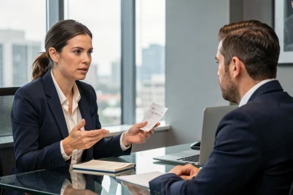 Femme négociant son salaire avec assurance face à un recruteur dans un bureau moderne