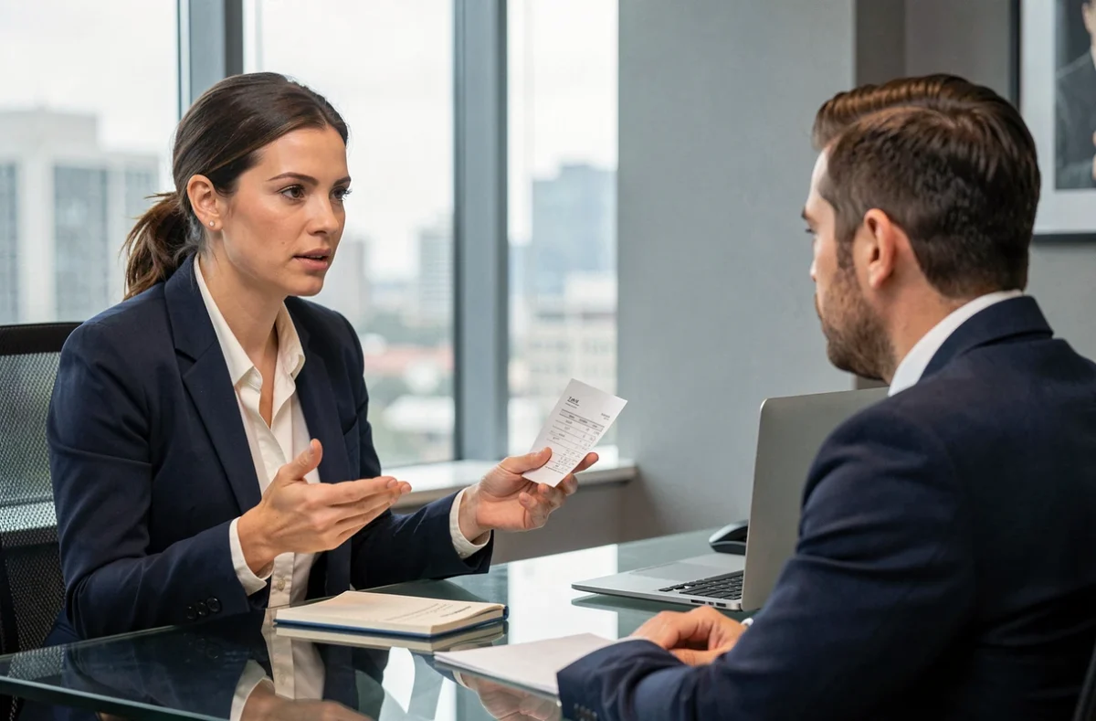 Femme négociant son salaire avec assurance face à un recruteur dans un bureau moderne