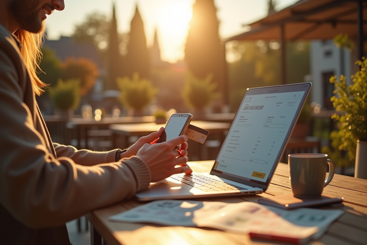 Nomade digital travaillant sur un ordinateur portable en terrasse