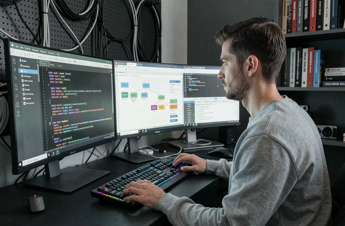 Développeur de Noqode travaillant sur un audit SEO technique et une architecture de site web sur plusieurs écrans