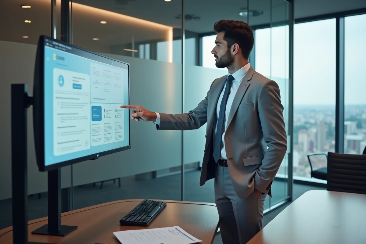 Nouvel arrivant BNP Paribas consultant le tableau de bord du portail RH alis sur grand écran