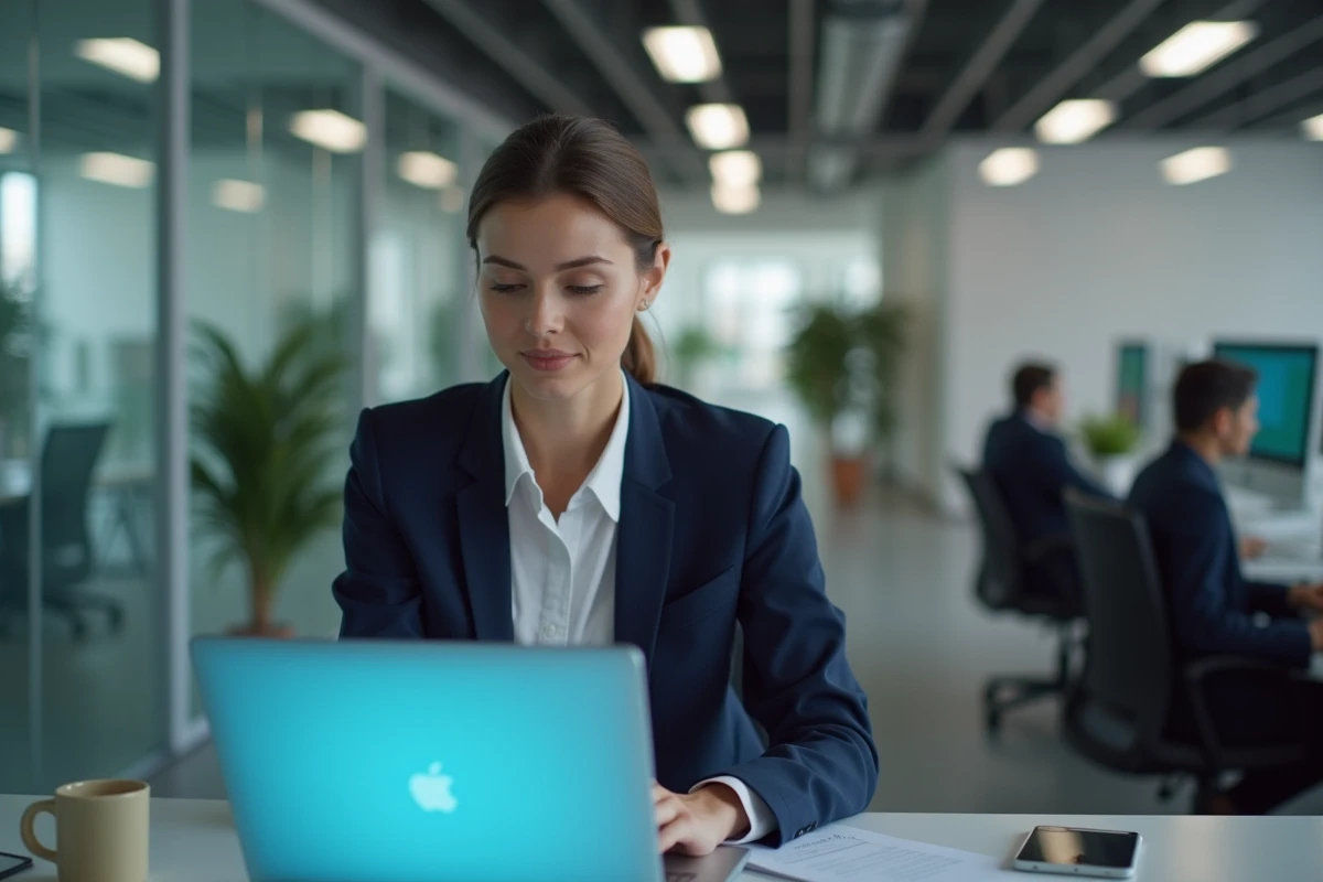 Nouvelle employée BNP Paribas naviguant sur le portail RH alis depuis son bureau en open space
