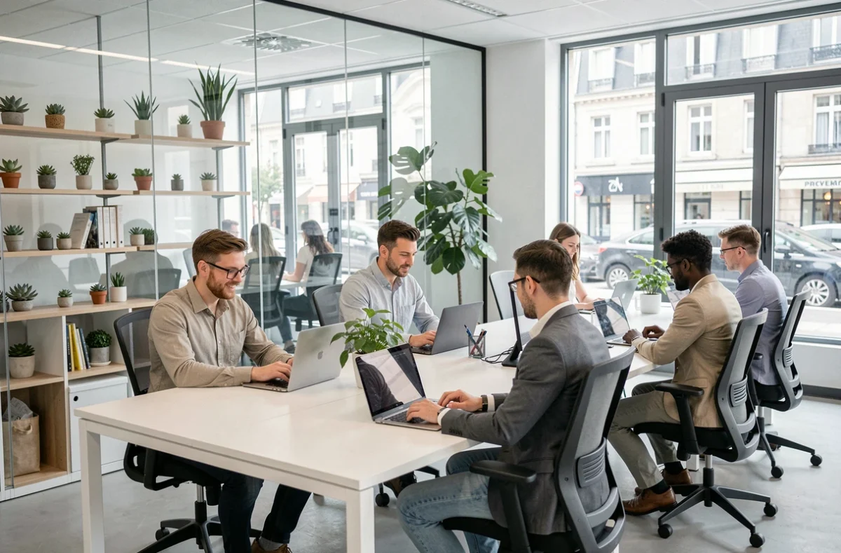 Espace de coworking Now Coworking Nantes avec des professionnels travaillant sur des bureaux modernes et épurés