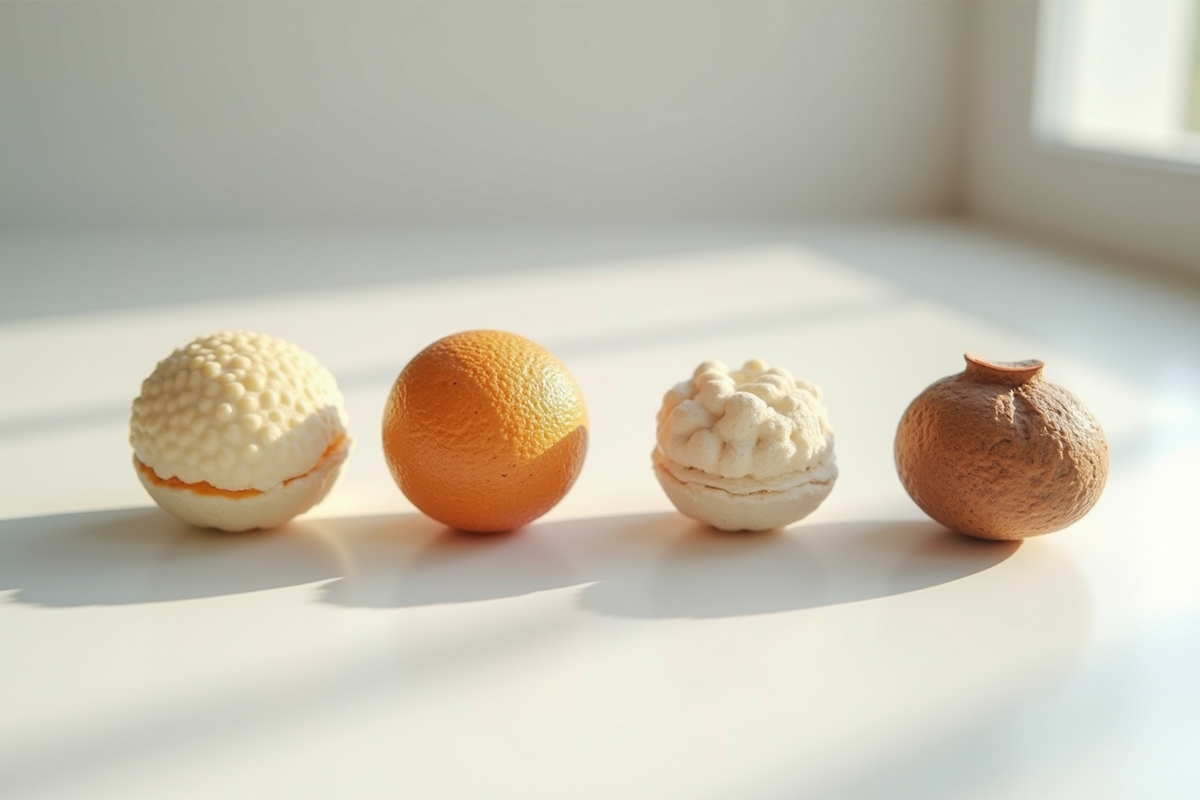 Objets aux textures variées sur une table blanche