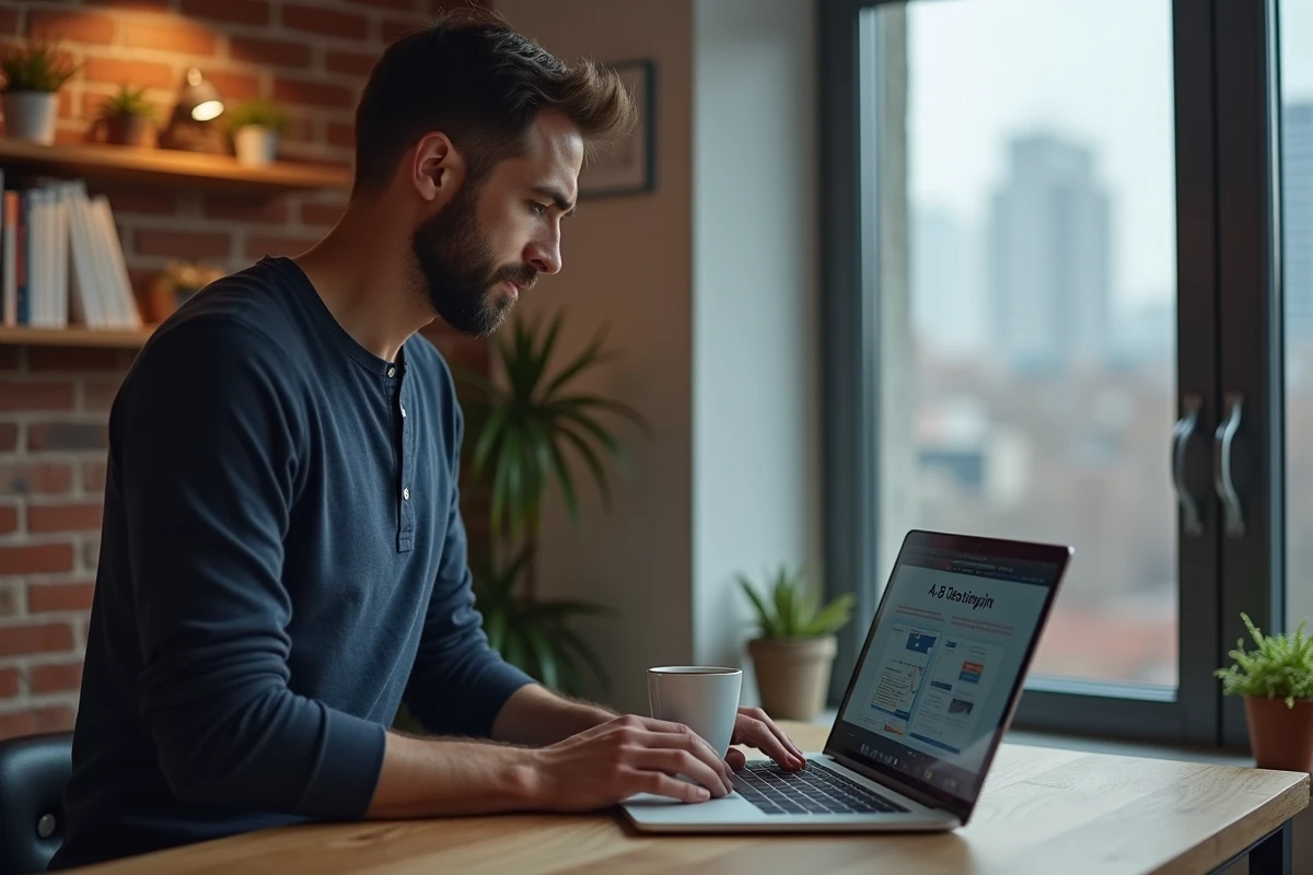 Entrepreneur debout à son bureau optimisant le wireframe d'un site SaaS avec des outils de test A/B sur son ordinateur portable