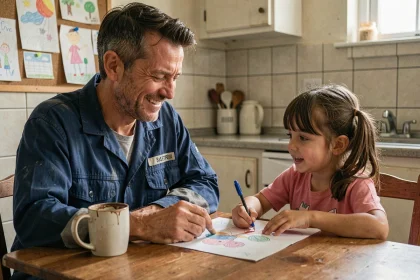 Ouvrier en horaires décalés 5x8 partageant un moment complice avec sa fille à la table de cuisine après son quart de travail
