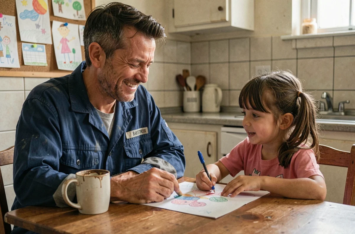 Ouvrier en horaires décalés 5x8 partageant un moment complice avec sa fille à la table de cuisine après son quart de travail
