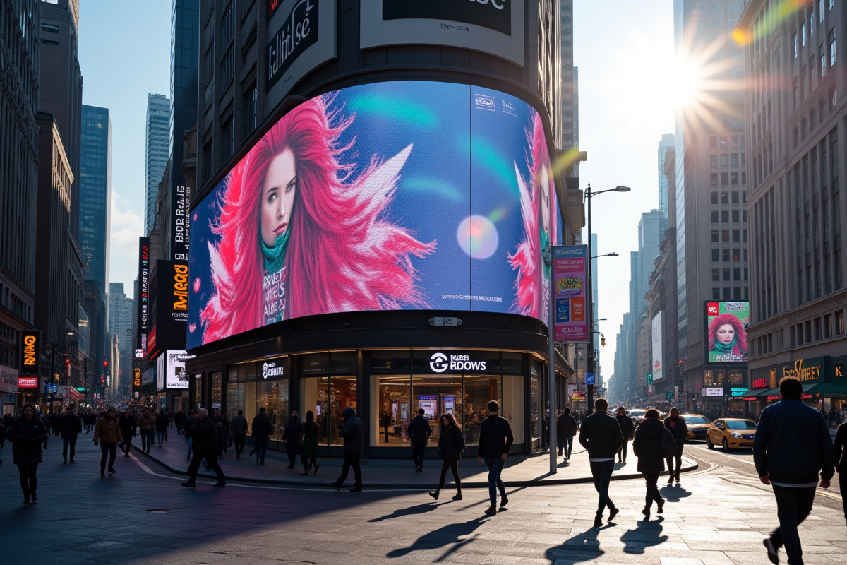 Panneau d affichage urbain avec publicites digitales et passants