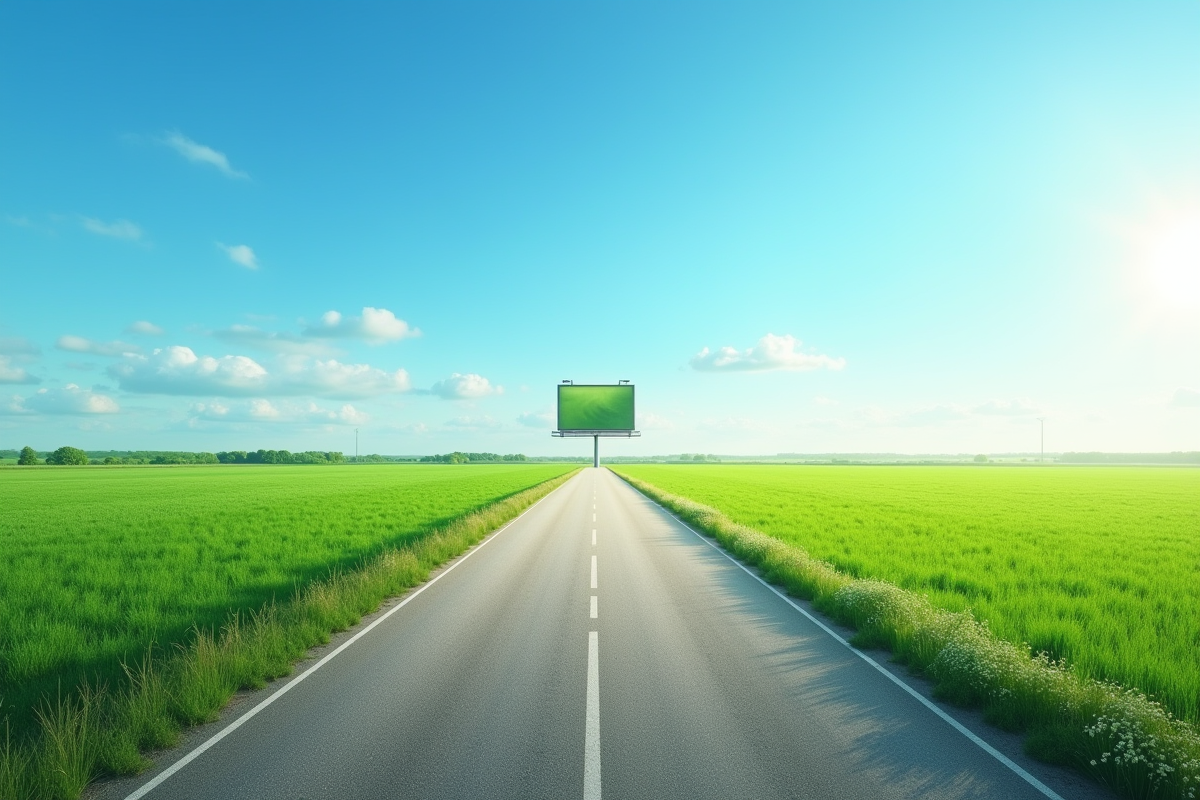 Route dans un paysage rural avec panneau publicitaire en plein soleil