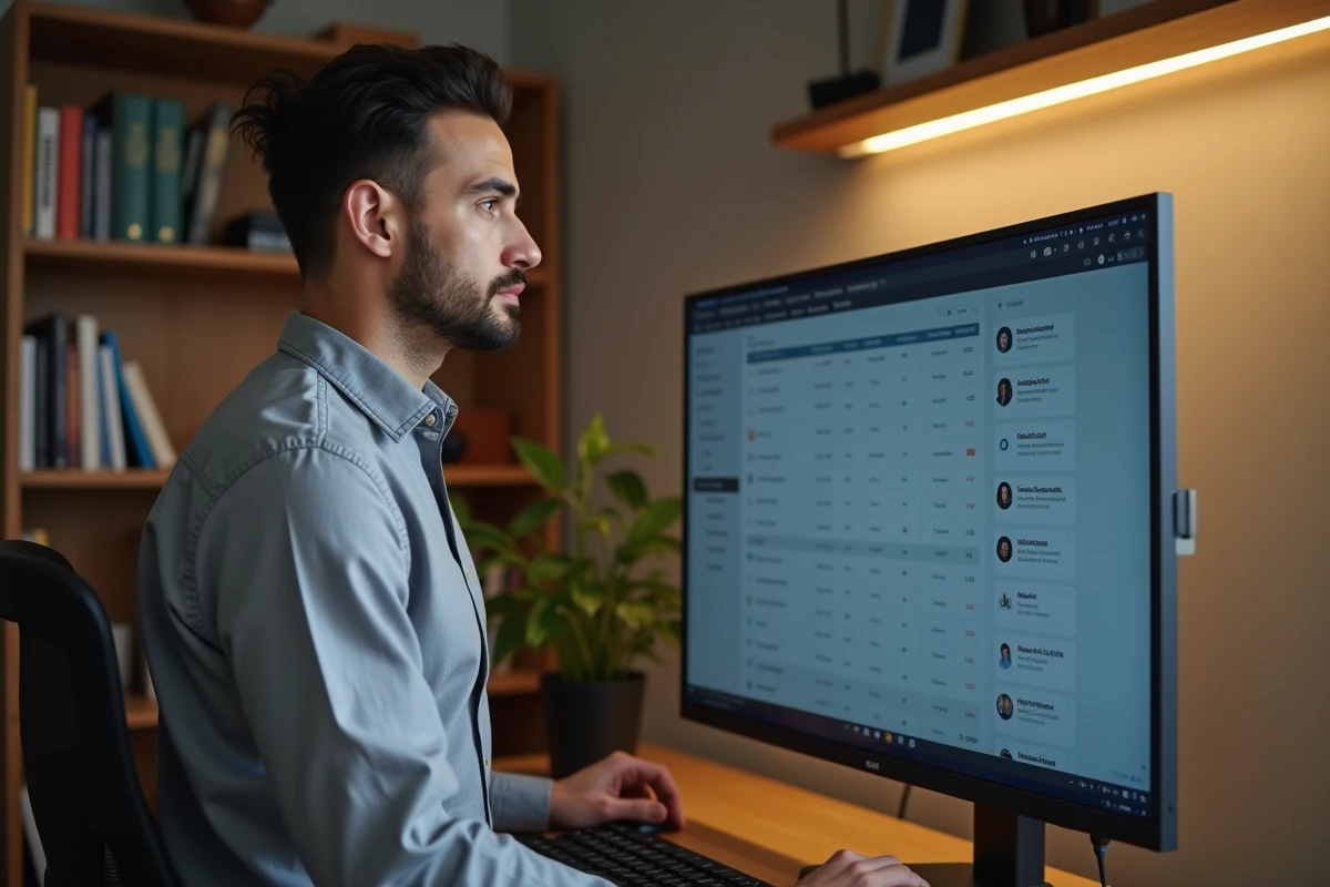 Consultant indépendant évaluant une plateforme de partenaires B2B sur son écran d'ordinateur à domicile