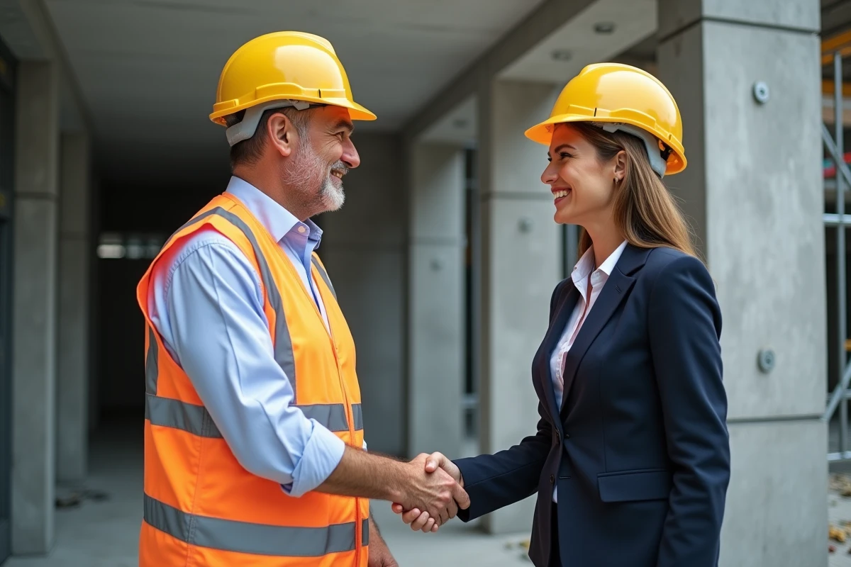 Poignée de main entre un chef de chantier et une responsable de projet symbolisant un partenariat public-privé dans le secteur de la construction en Alsace