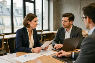 Consultante en portage salarial discutant avec une professionnelle dans un bureau moderne à Paris