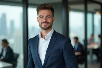 Portrait professionnel d'un consultant en stratégie dans un bureau moderne avec vue sur la ville, ambiance corporate et innovation