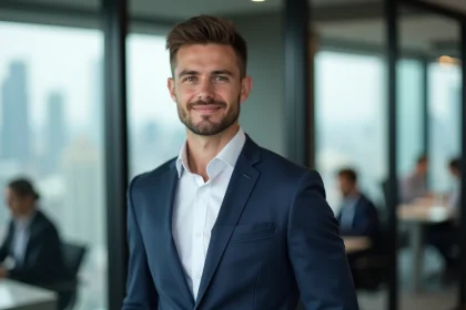 Portrait professionnel d'un consultant en stratégie dans un bureau moderne avec vue sur la ville, ambiance corporate et innovation