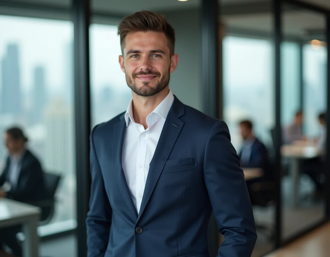 Portrait professionnel d'un consultant en stratégie dans un bureau moderne avec vue sur la ville, ambiance corporate et innovation