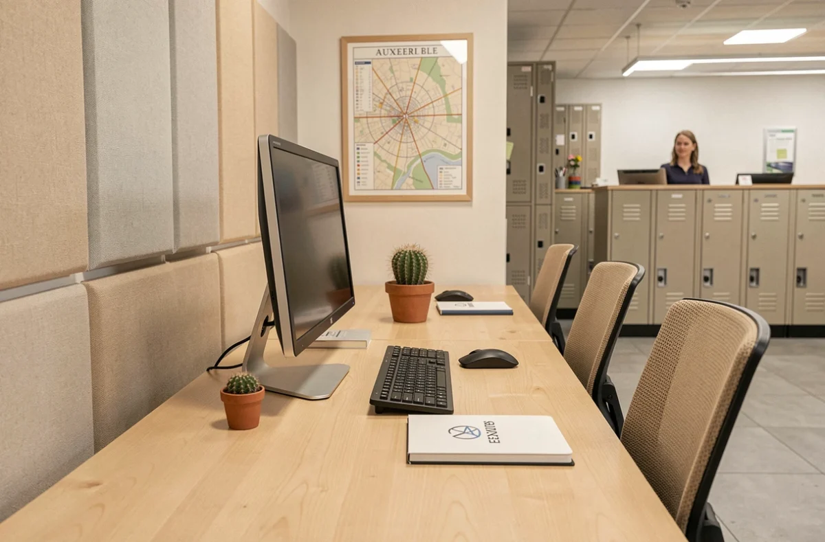 Poste de travail vide et équipé dans un espace de coworking moderne à Auxerre avec plan de la ville en décoration murale