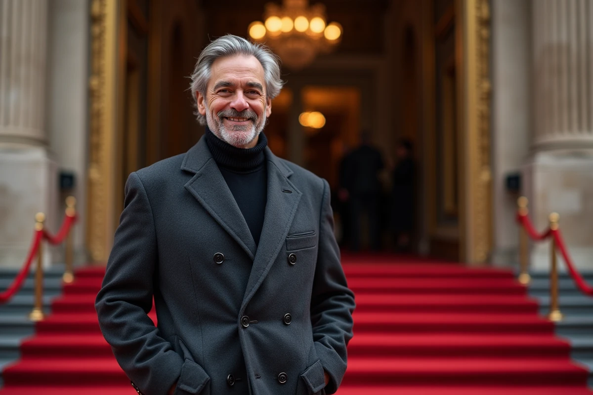 Homme &eacute;l&eacute;gant lors d'une premi&egrave;re cin&eacute;matographique fran&ccedil;aise sur tapis rouge, repr&eacute;sentant le monde de la production audiovisuelle