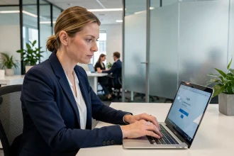 Femme en blazer bleu marine se connectant pour la première fois à un portail personnel sur ordinateur portable en bureau moderne