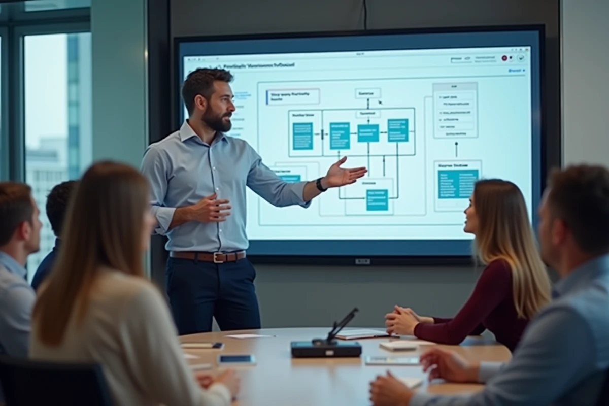 Homme présentant un diagramme à une équipe au bureau