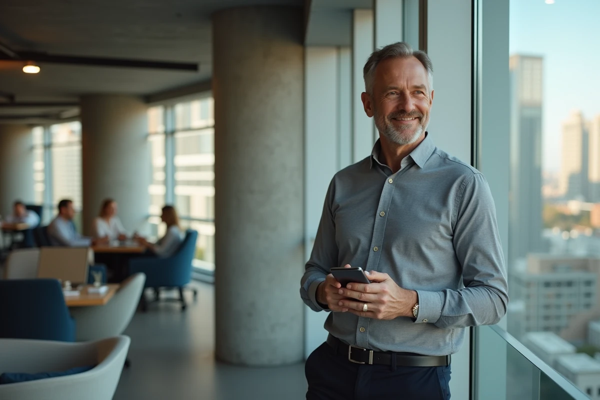 Commercial en contact téléphonique avec un prospect depuis un espace de coworking moderne et lumineux