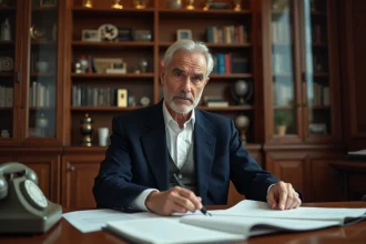 Producteur de cinéma français dans un bureau parisien élégant, entouré de scénarios et de récompenses cinématographiques