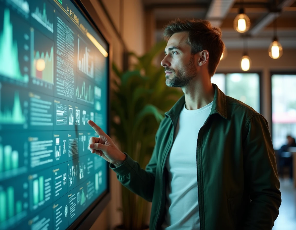 Professionnel de l'innovation présentant des tableaux de bord numériques sur un écran interactif dans un espace de coworking moderne