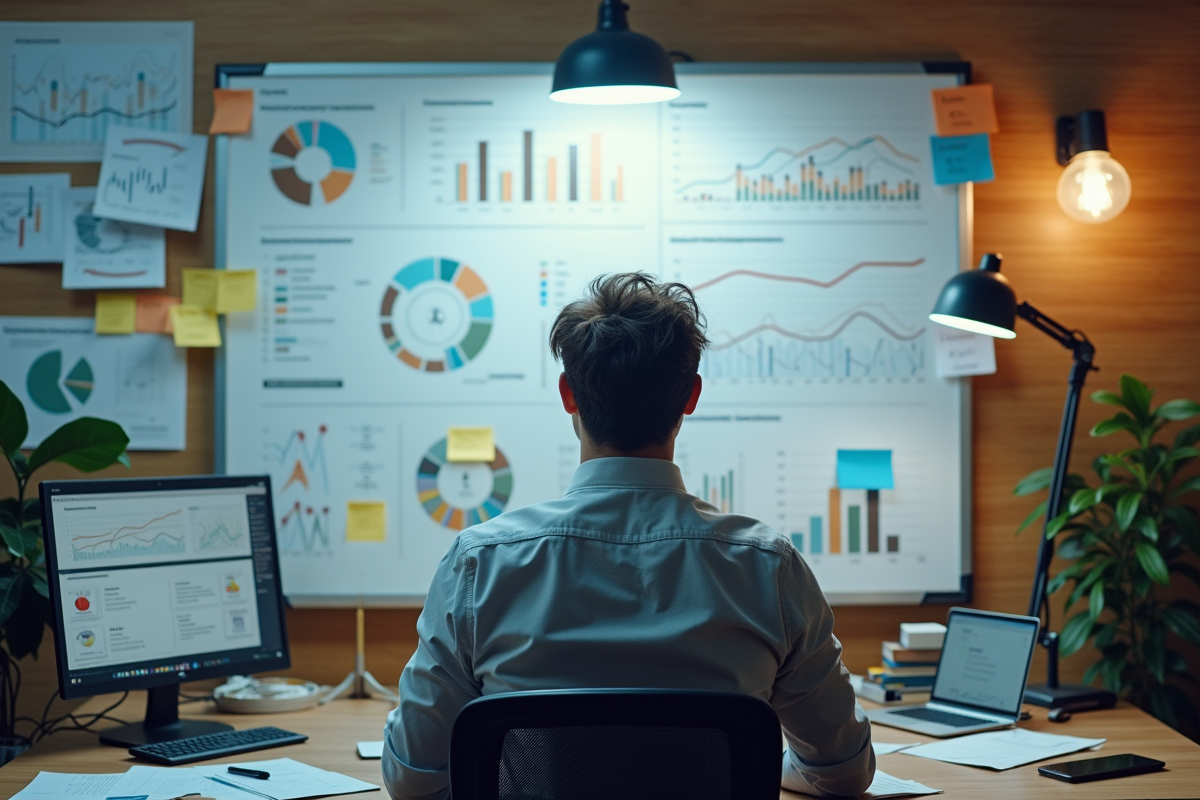 Professionnel en entreprise analysant des graphiques marketing