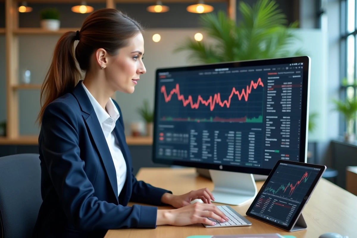 Professionnelle consultant des actualités web, financières et juridiques sur un écran dans un bureau moderne