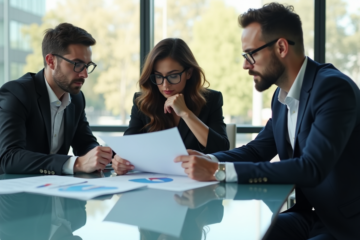 Trois professionnels d'affaires en réunion dans un bureau lumineux
