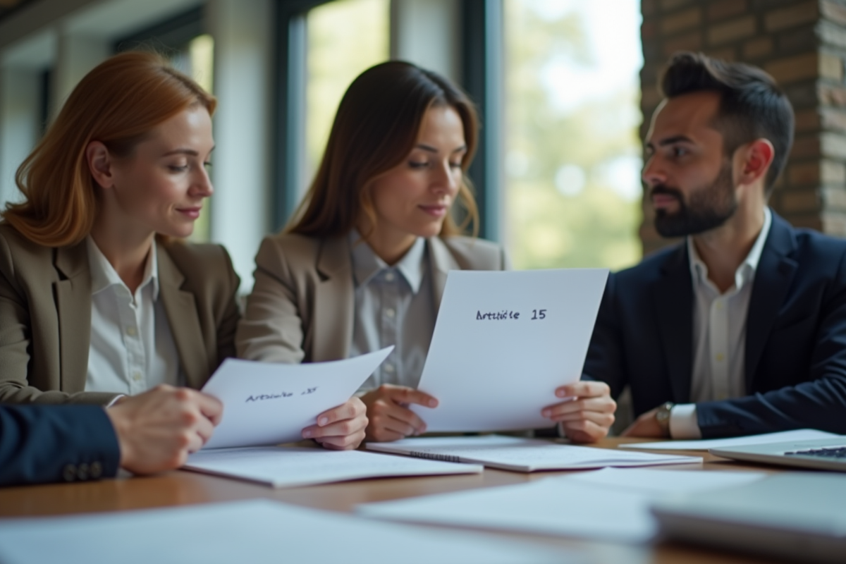 Trois professionnels discutant avec documents Article 15