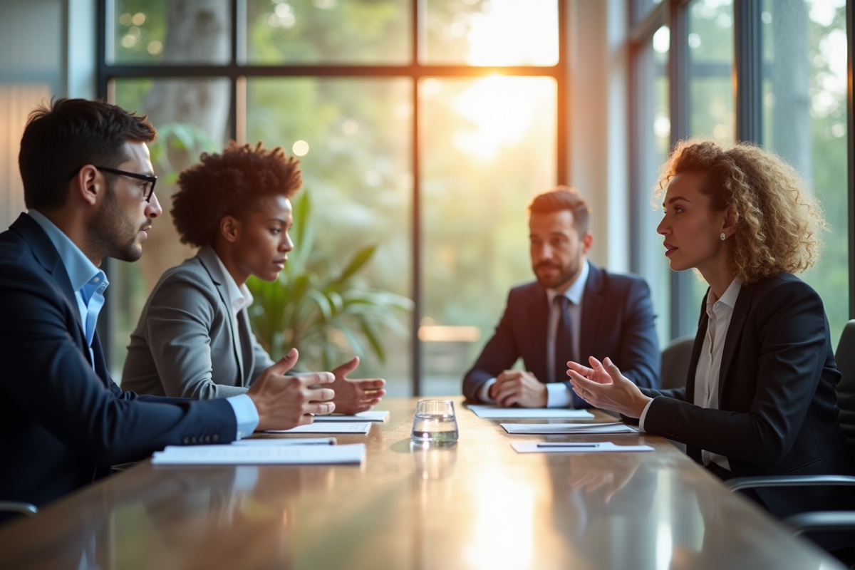 Professionnels en réunion autour d une table moderne