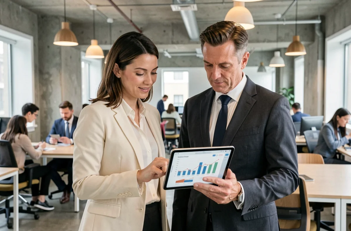 Deux professionnels consultant ensemble des statistiques salariales sur une tablette dans un espace de coworking