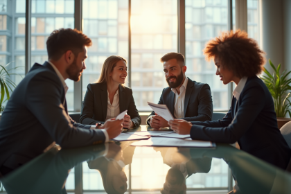 Quatre professionnels en réunion autour d'une table ensoleillée