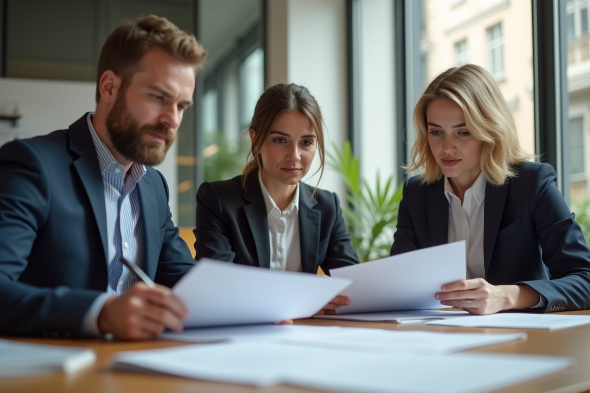 Trois professionnels en réunion dans un bureau lumineux