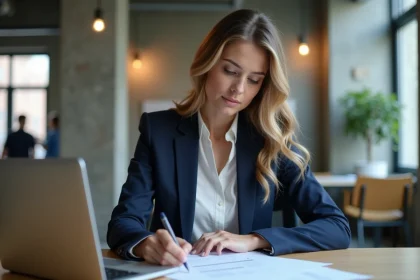 Jeune professionnelle analysant une liste de prospects B2B sur son bureau dans un open-space moderne