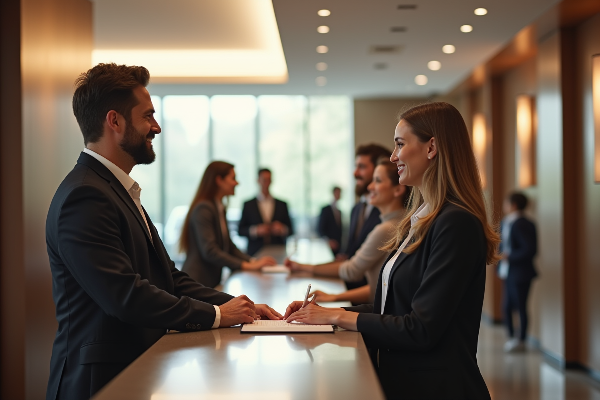 Réception d'hôtel moderne avec un gestionnaire accueillant des clients
