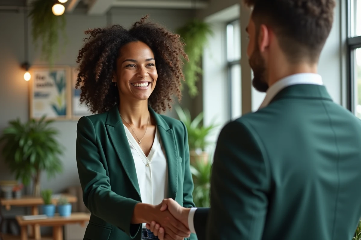 Recrutement d'un talent engagé pour l'environnement lors d'un entretien d'embauche dans un bureau éco-responsable