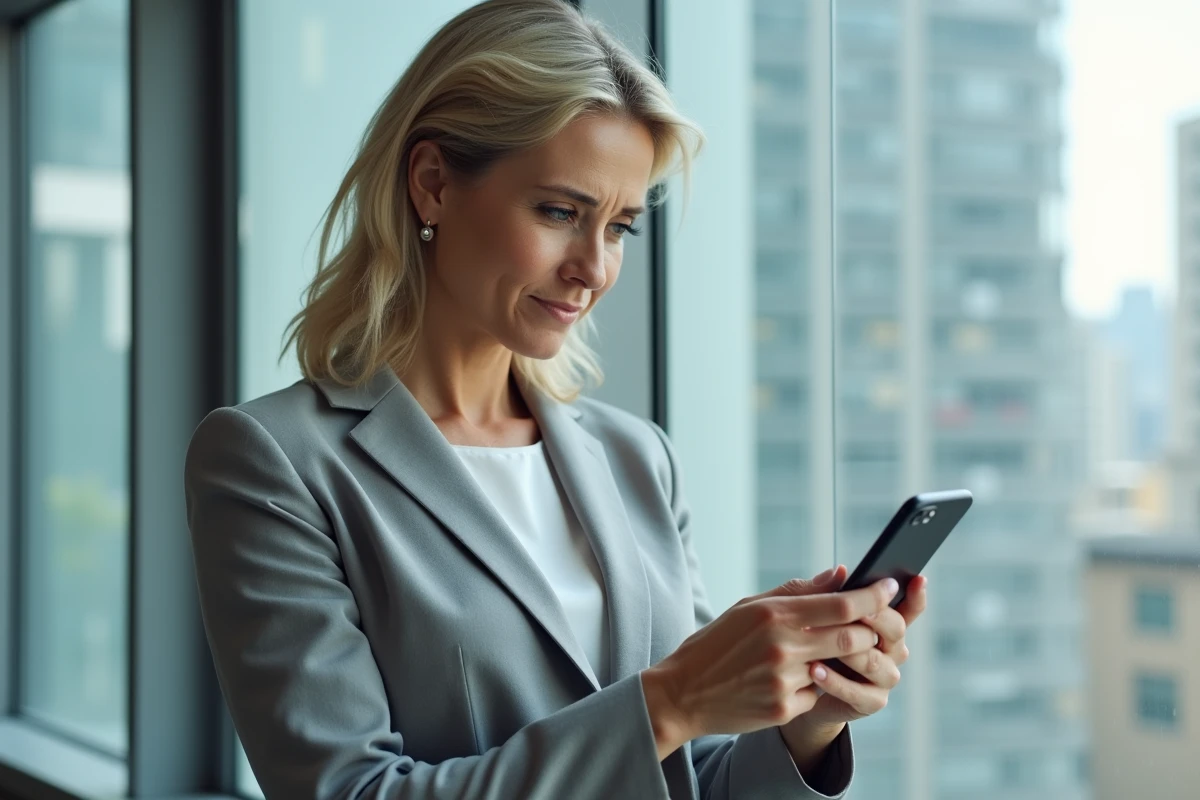 Femme consultant son smartphone pour récupérer l'accès à un compte en ligne bloqué ou perdu